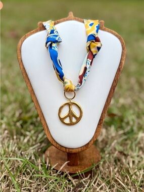 New Silk Scarf Necklace with Gold Peace Pendant - Blue & Yellow Charm